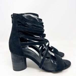 JEFFREY CAMPBELL BLACK FAUX SUEDE BLOCK HEEL CAGE SANDALS DESTINI WOMENS SZ 7